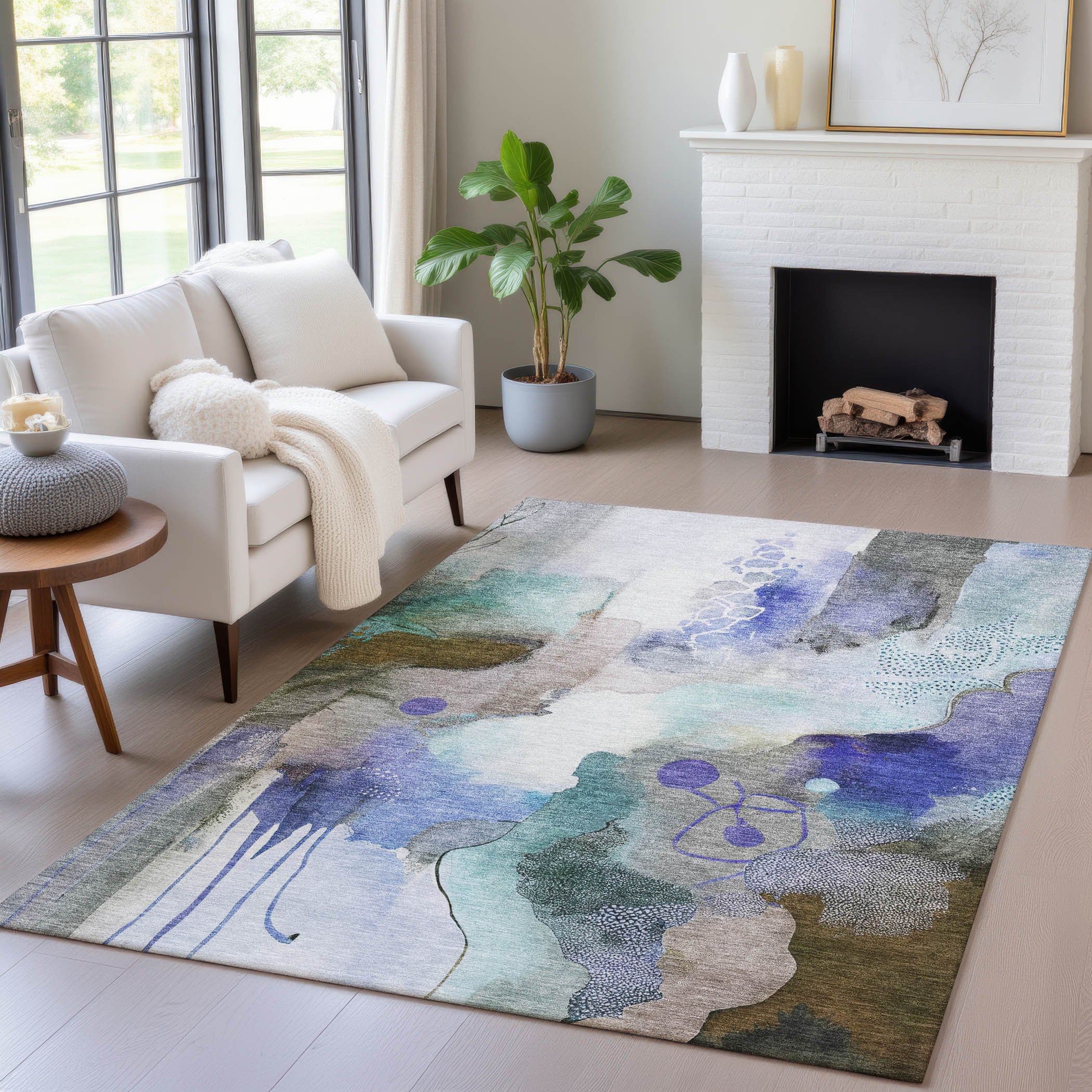 5' X 8' Brown Purple And Ivory Abstract Washable Indoor Outdoor Area Rug-5