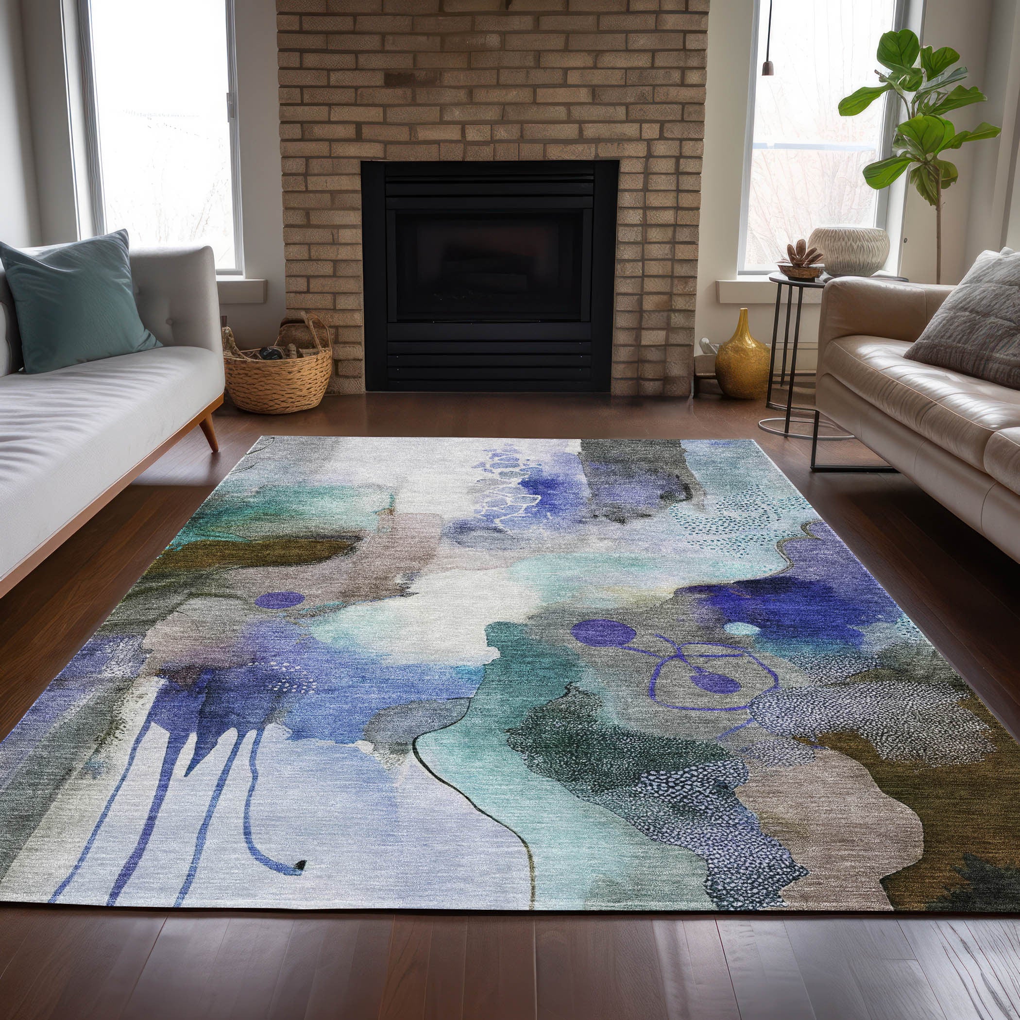 5' X 8' Brown Purple And Ivory Abstract Washable Indoor Outdoor Area Rug-6