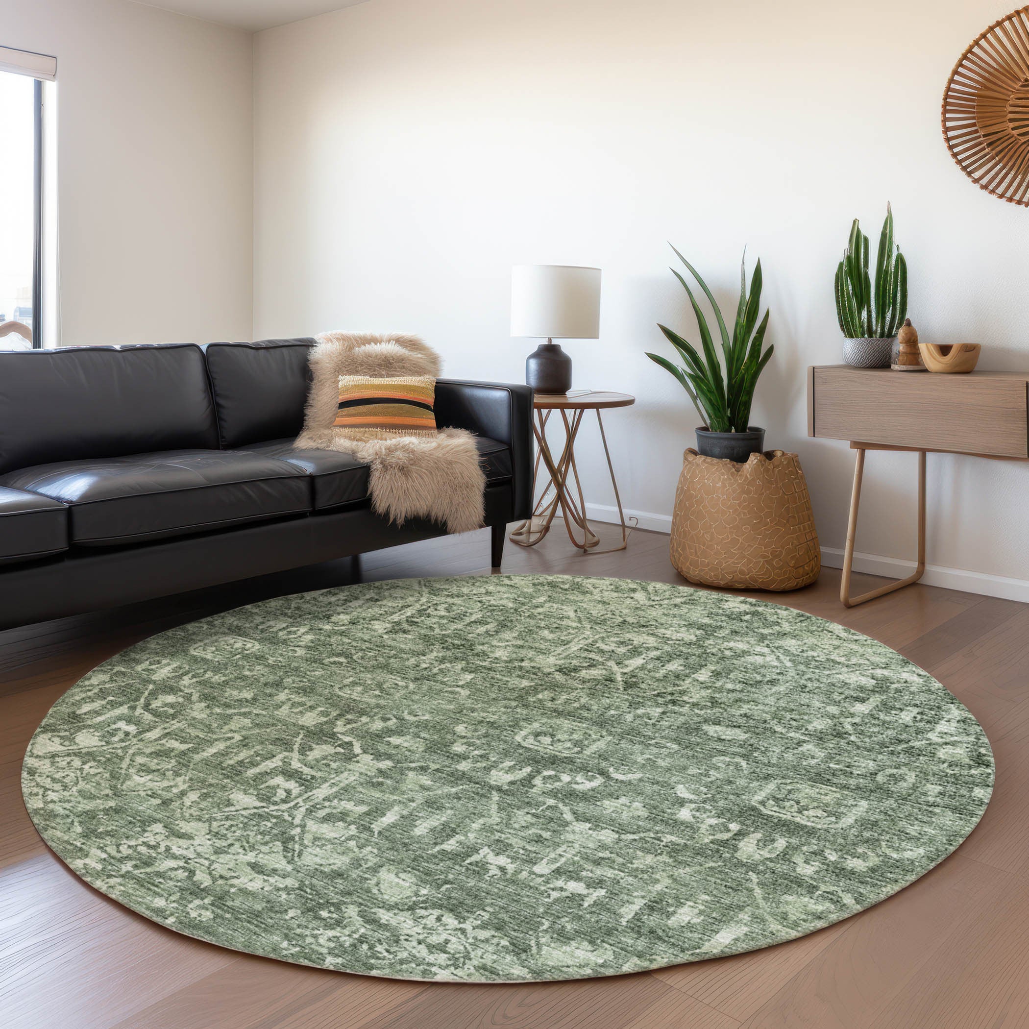 8' Green And Ivory Round Damask Washable Indoor Outdoor Area Rug-3