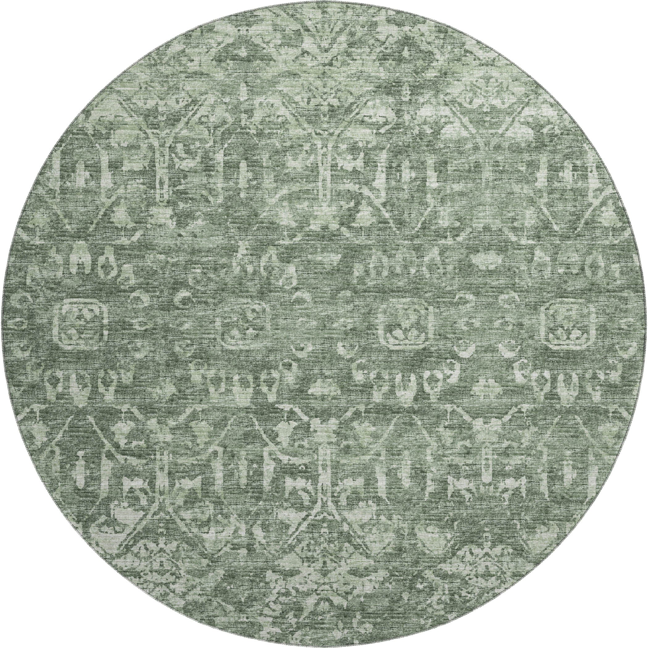 8' Green And Ivory Round Damask Washable Indoor Outdoor Area Rug-1