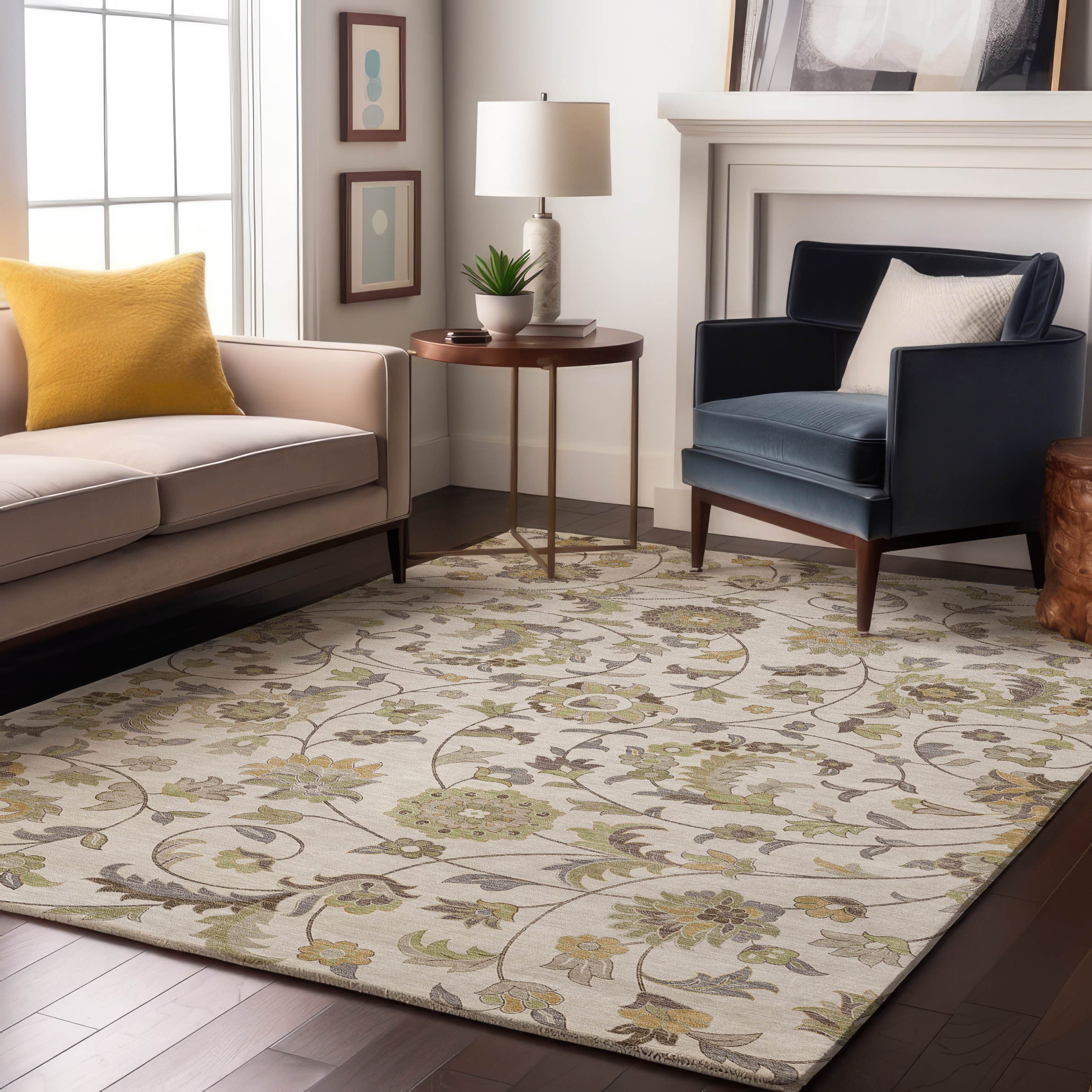 8' X 10' Ivory Copper And Gray Floral Washable Area Rug With UV Protection