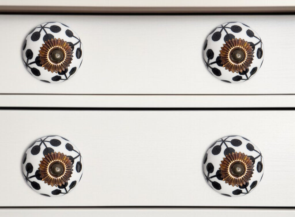Set of Twelve Black White And Copper Ceramic Geometric Drawer Pull Knobs