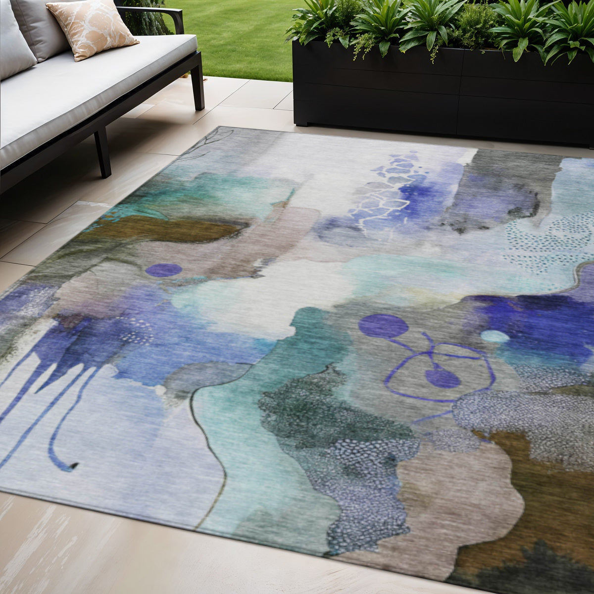 5' X 8' Brown Purple And Ivory Abstract Washable Indoor Outdoor Area Rug-1