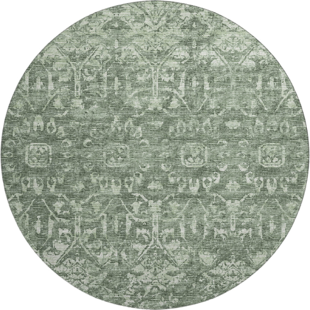 8' Green And Ivory Round Damask Washable Indoor Outdoor Area Rug-1