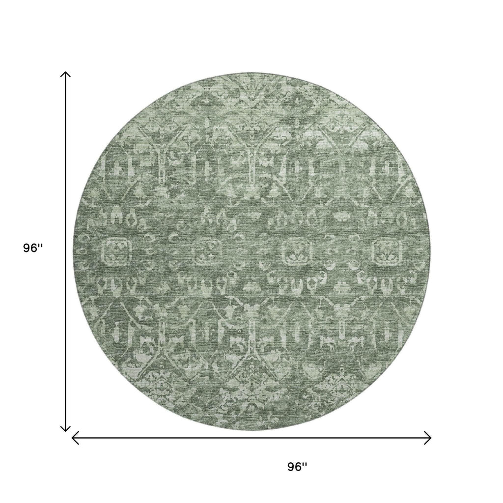 8' Green And Ivory Round Damask Washable Indoor Outdoor Area Rug-2