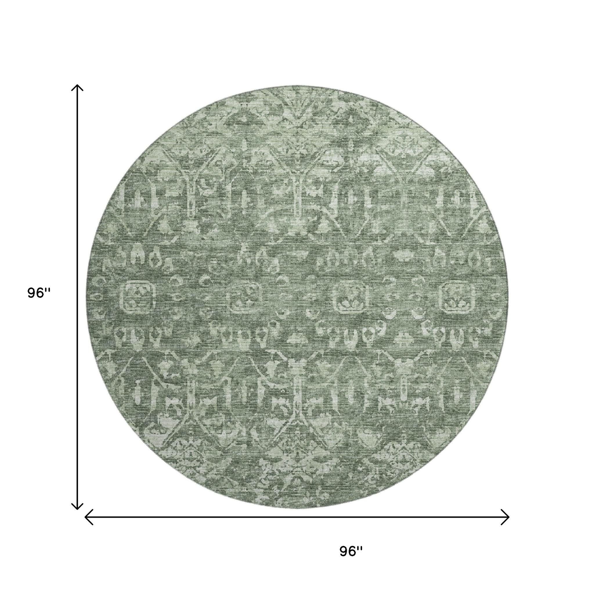8' Green And Ivory Round Damask Washable Indoor Outdoor Area Rug-2